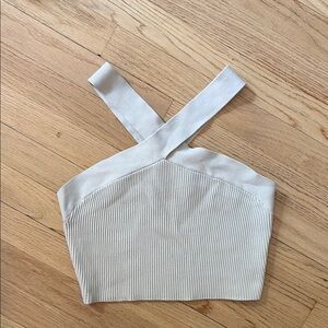 Babaton White Ribbed Fitted Crop Tank Top